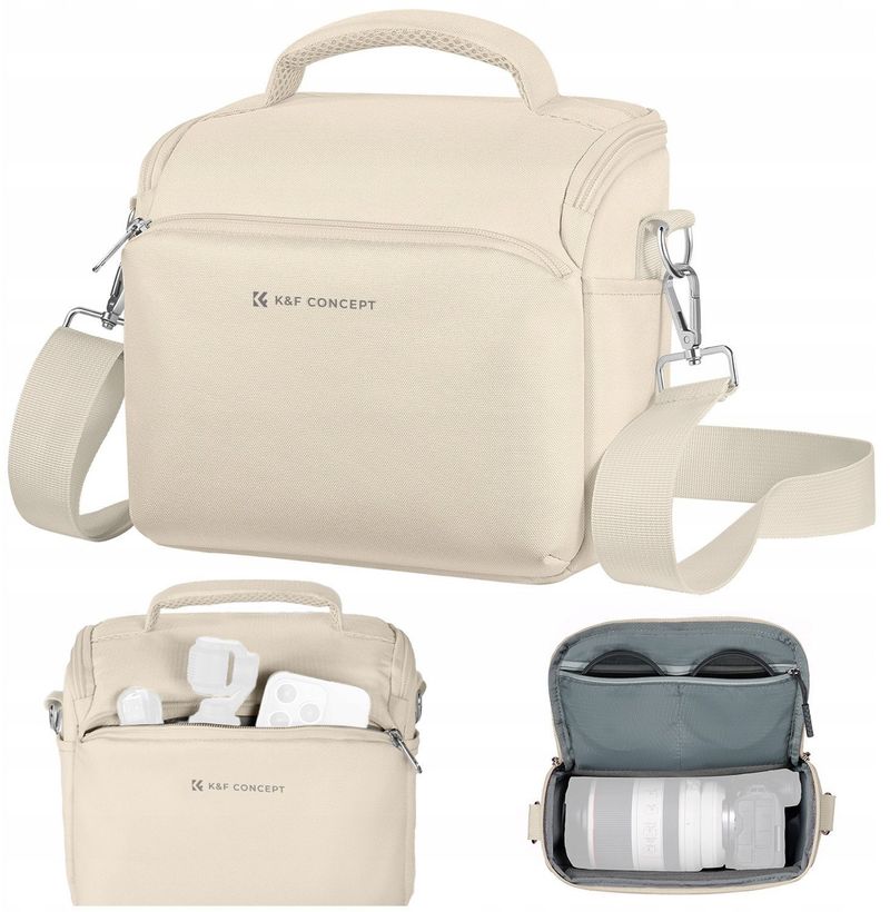 Çantë shpatulle për aparat fotografik K&F Concept Sling Bag Small, për DSLR SLR dhe kamera kompakte, bezhë