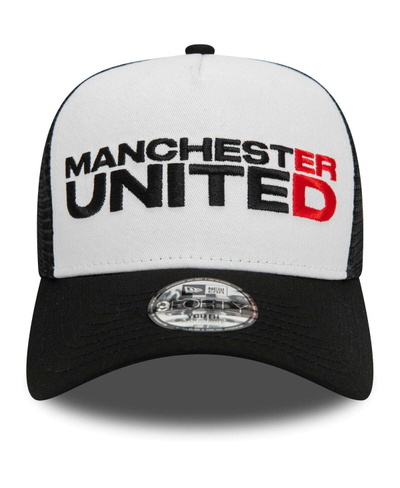 Kapelë Manchester United New Era Wordmark Trucker, për fëmijë, e zezë e bardhë
