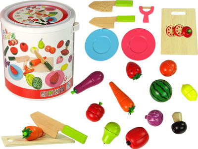 Lodër kuzhine Leantoys set frutash dhe perimesh druri, për prerje, shumëngjyrëshe