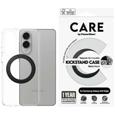 Футрола PanzerGlass CARE Feature Case Samsung Galaxy S25 Edge, проѕирна, со потпирач, црна