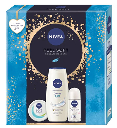Set për femra Nivea Feel Soft, xhel dushi për trup 250 ml + krem hidratues për lëkurë 100 ml + antiperspirant roll-on 50 ml