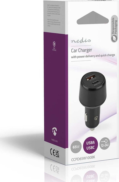 Ngarkues veture Nedis CCAC640BK, 65W, 2 porta USB A USB C, i zi