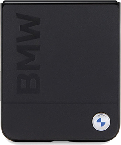 Kapak telefoni BMW Leather Hot Stamp për Samsung Galaxy Z Flip5, lëkurë natyrale, mbrojtës, i zi