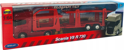 Lodër kamionçinë Welly Scania V8 R730, shkallë 1:64, kamion tërheqës, e kuqe