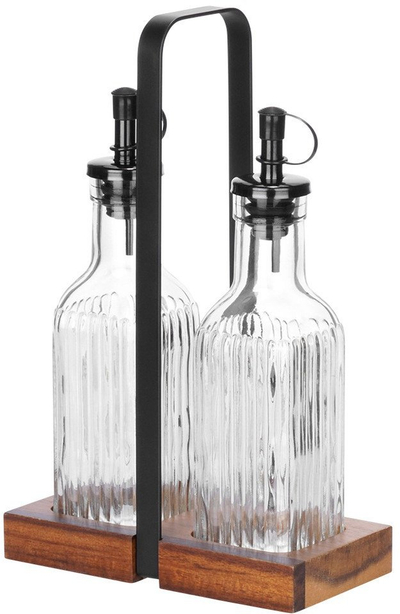Set shishe për vaj dhe uthull Vilde, qelq, 2x190 ml, me mbajtëse druri dhe metali, transparente