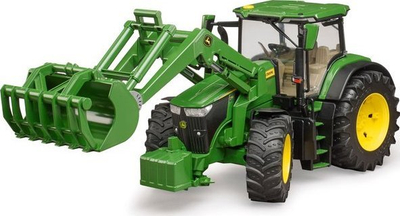 Traktor lodër BRUDER John Deere 7R 350, me karikus përpara, me rimorkio me 2 boshte