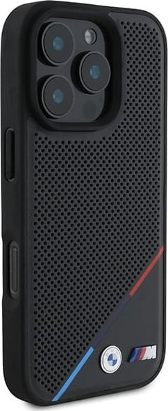 Kapak telefoni BMW M Perforated Tricolor Line MagSafe, për Apple iPhone 16 Pro, i zi