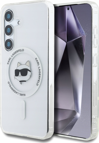 Kuti mbrojtëse Karl Lagerfeld për Samsung S25 KLHMS25SHLSCHH, magnetike, metalike, e bardhë