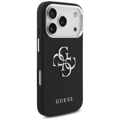 Këllëf telefoni Guess Hardcase 4G Grained Classic Logo për iPhone 17 Pro, TPU me lëkurë eko, i zi