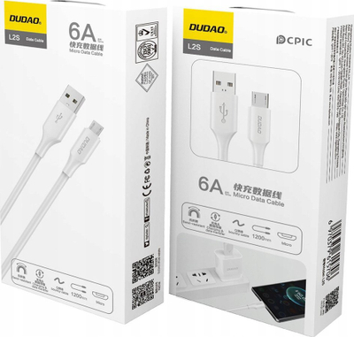 Kabllo karikimi Dudao L2SM, USB A në micro USB, 6A, 1.2m, e bardhë