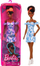 Kukull Barbie Fashionista Fshnsta 7, flokë të zinj, fustan blu e bardhë