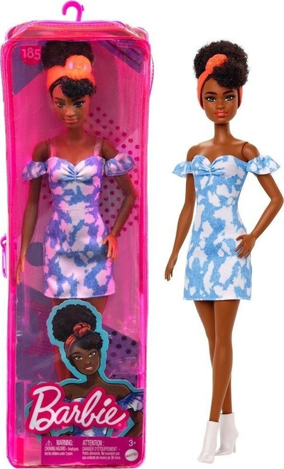 Kukull Barbie Fashionista Fshnsta 7, flokë të zinj, fustan blu e bardhë