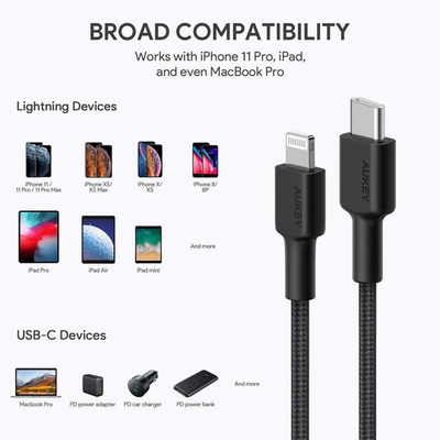 Kabllo Aukey, Lightning / USB C, 2 m, e zezë