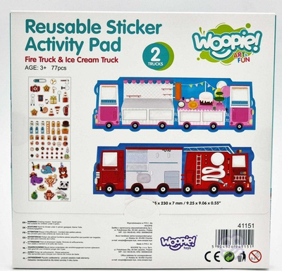 Set ngjitësash të ripërdorshëm Woopie Reusable Sticker Activity Pad, 77 copë, kamion zjarri dhe akullore, shumëngjyrësh