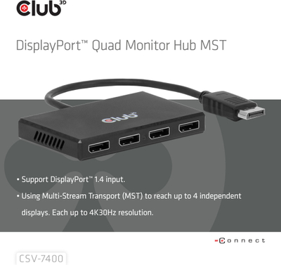 HUB Club 3D CSV-7400, DisplayPort në 4x DisplayPort MST, 4K 30Hz, i zi