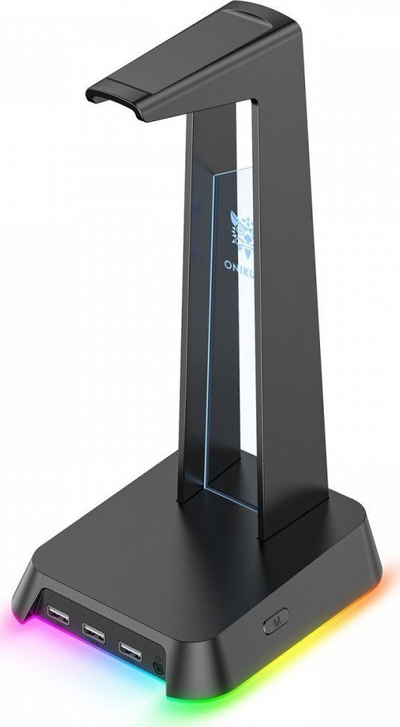 Mbajtëse kufjesh Onikuma Stand Holder Base, RGB, me USB HUB, e zezë