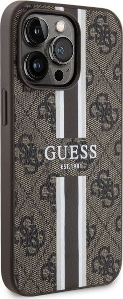 Kapak telefoni Guess 4G Printed Stripes MagSafe për iPhone 13 Pro Max, hardcase, lëkurë ekologjike, kafe