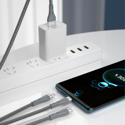 Кабел за полнење Dudao L20X 3in1, USB во Lightning microUSB Type C, 65W 1.2m, сива
