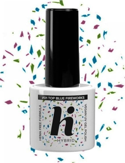 Top Coat xheli Hi Hybrid Hema Free No Wipe, efekt fishekzjarr, #01 Blue Fireworks