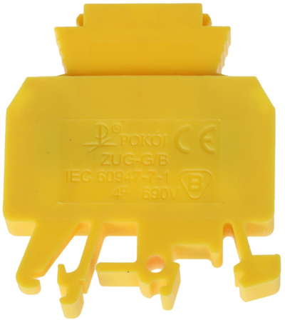 Сврзувач за шина со осигурач Pokój ZUG-G/B, за DIN TS-35, 6.3A, жолт