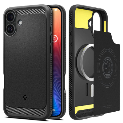 Mbështjellës për iPhone 16 PlusSpigen Rugged Armor MagSafe, i zi