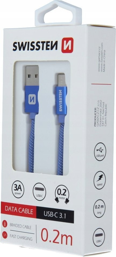 Kabllo USB Swissten Textile, USB në USB C, 0.2m, 3A, e zezë