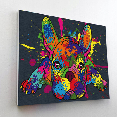 Set pikture me numra Splat Planet French Bulldog, kanavacë 40x30cm, bojë neon fluorescente, shumëngjyrëshe