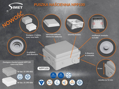 Kuti lidhëse sipërfaqësore Simet NPP130, 130x52x130mm, IP54, e bardhë