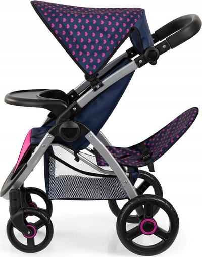 Karrocë lodrash Bayer Design Twin Star, për kuklla 46cm, me çantë shpatulle, blu rozë me njëbrirësh
