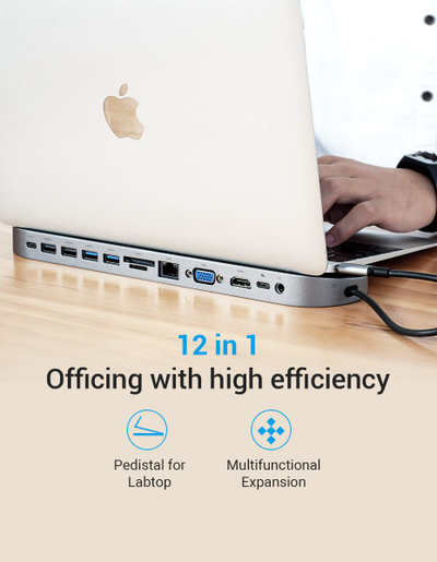 Stacion docking Vention 12 në 1 USB C, HDMI 4K, PD 87W, gri