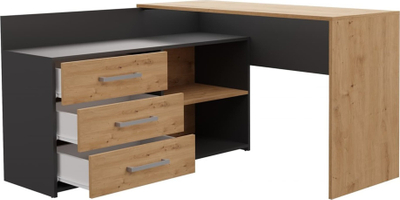 Аголна компјутерска маса Dany, со комода со 3 фиоки, антрацит, декор дрво Oak Artisan