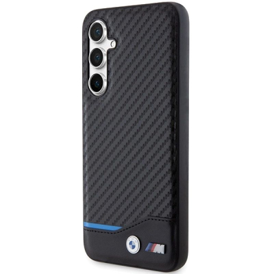 Kapak telefoni BMW për Samsung Galaxy S23 FE, efekt karboni, vijë blu, i zi