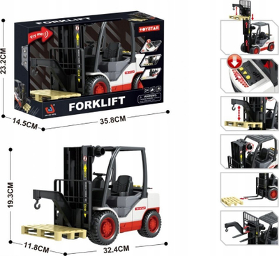Set lodër forklift ToyStar, me timon drejtimi, grep dhe pirunë lëvizës, bardh e kuqe