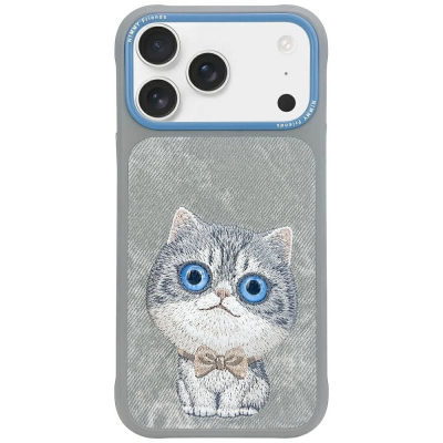 Mbrojtëse telefoni Nimmy Big Eyed Pet Cat 2.0 për iPhone 17, silikoni i butë, me mace, gri