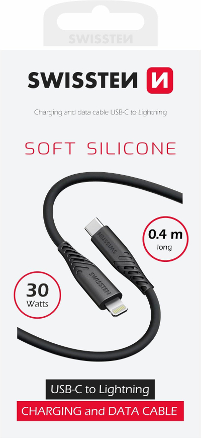 Kabllo USB Swissten Soft Silicone, USB C në Lightning, 0.4m, i zi