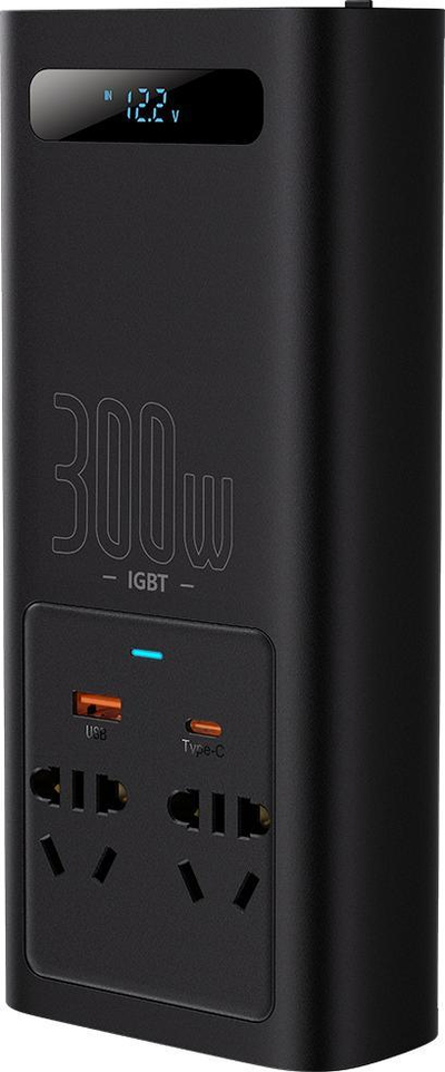 Inverter për makinë Baseus IGBT, 300W, DC 12V në AC 220V, me USB Type C, i zi