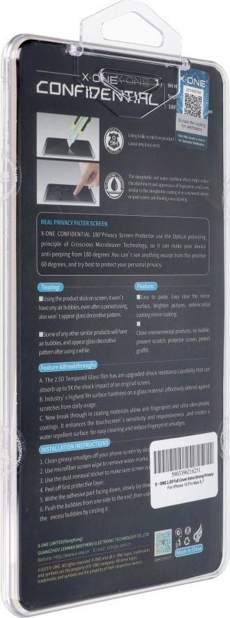 Xham mbrojtës X-one Full Cover Privacy për iPhone 15 Pro Max, ekstra i fortë, i zi