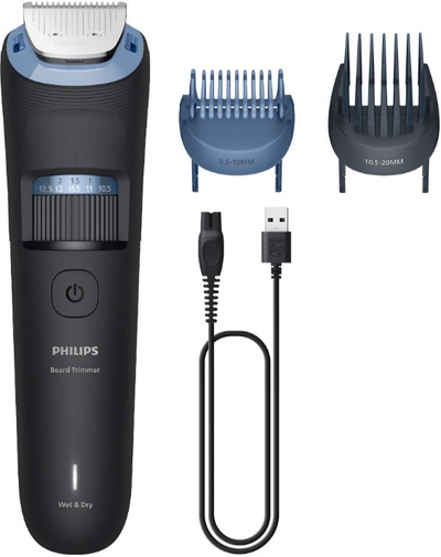 Trimer për mjekër dhe flokë Philips Beard Trimmer 3000 BT3665/15, 40 nivele gjatësie, tehe metalike që mprehen vetë, gri