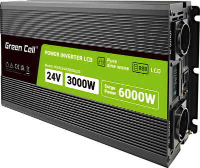 Inverter energjie Green Cell PowerInverter LCD INVGC24P3000LCD, 24V, 3000W me valë të pastër sinus, i zi