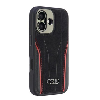 Kapak telefoni Audi nga lëkurë origjinale Hardcase, për iPhone 16 6.1", MagSafe, i zi me të kuqe