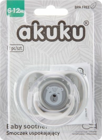 Qetësues për bebe Akuku A0589, silikon simetrik 6-12 muajsh, gri me arush