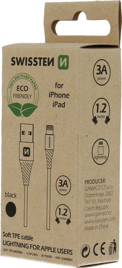 Кабел USB Lightning Swissten, 1.2m, 3A, бел