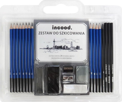 Set skicimi Incood Sketching Set, 26 pjesë, kuti plastike, blu e zezë