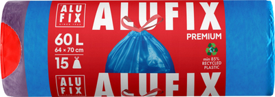 Кеси за ѓубре ALUFIX, 60L, со влечни врвки, 15 парчиња