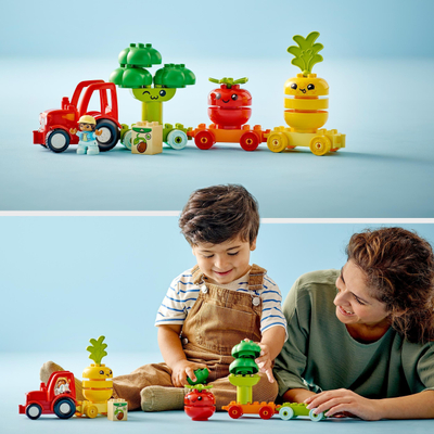 Lodër ndërtimi LEGO Duplo 10982 Tractor with Fruits and Vegetables, për fëmijë 1.5+ vjeç, me traktor të kuq