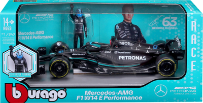 Makina model Bburago Mercedes AMG W14 E Performance #63, 1/24, me figurë piloti, shumëngjyrëshe