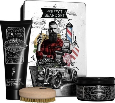 Set për kujdesin e mjekrës Hiskin The Perfect Beard Set, furçë mjekre, pomadë 100 ml, shampo hidratuese
