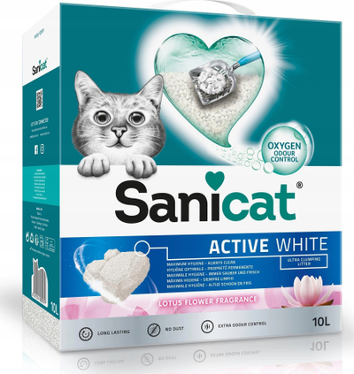 Rërë për mace Sanicat Active White, shumë që kapet grusht, me erë lule lotosi, 10L