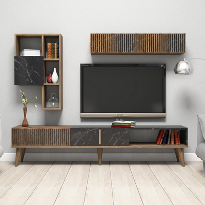 Kombinim TV Hommy Craft Milan, melaminë, me rafte muri, walnut e zezë