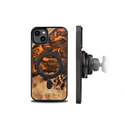 Mbulesë telefoni Bewood Unique Orange Pom për iPhone 15 Plus, dru dhe rrëshirë, MagSafe, portokalli me të zezë